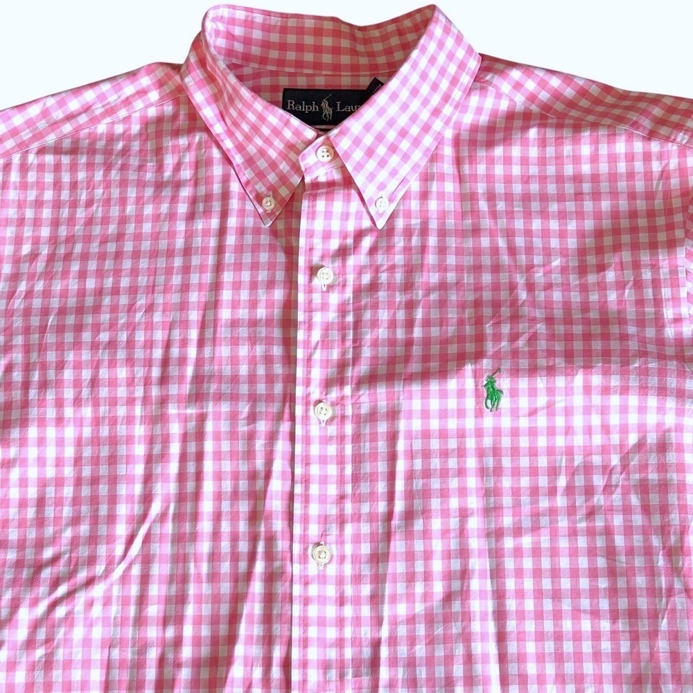 Ralph Lauren Shirt Mens XL Pink Gingham Classic Fit Short Sleeve Preppy Summer